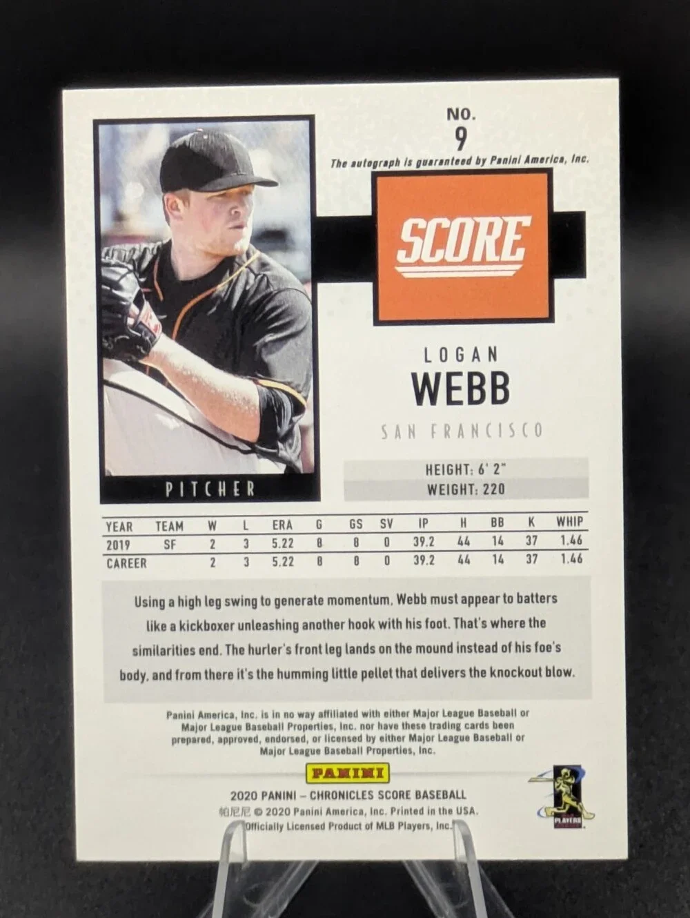 2020 Panini Score # /96 Logan Webb RC Auto #9 San Francisco Giants Rookie Signed